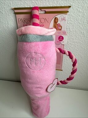 Paris Hilton Pink Plush Shake Dog Toy with Striped Rope Handle